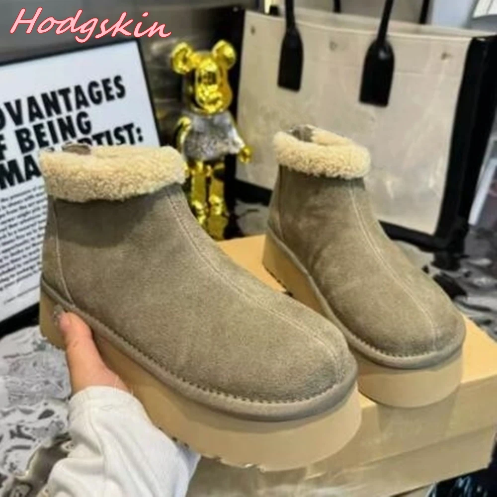 2024 Cow Suede Thick Sole Boots for Women Winter Back Zipper Flat with Ankle Boots Leisure Warm Solid All-match Snow Cotton Boot