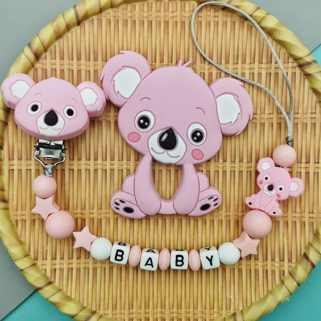 Niestandardowe angielskie akrylowe litery nazwa dziecko Koala wisiorek silikonowy klips do smoczka łańcuszki gryzak smoczek dla dziecka Kawaii zabawki prezenty