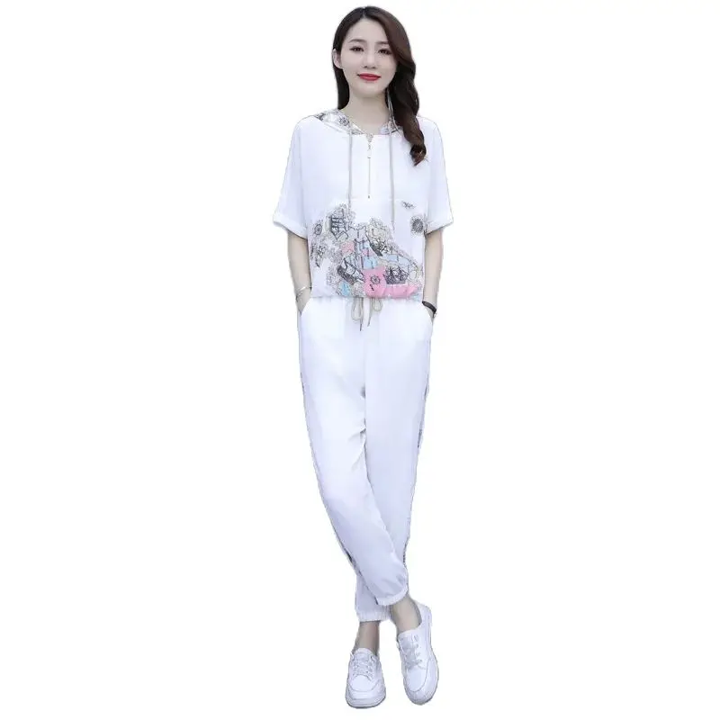 Women White Sport Suit 2023 New Female Printed Summer Two Piece Set  Women's Hooded Sportswear Women Pants Suit  4XL