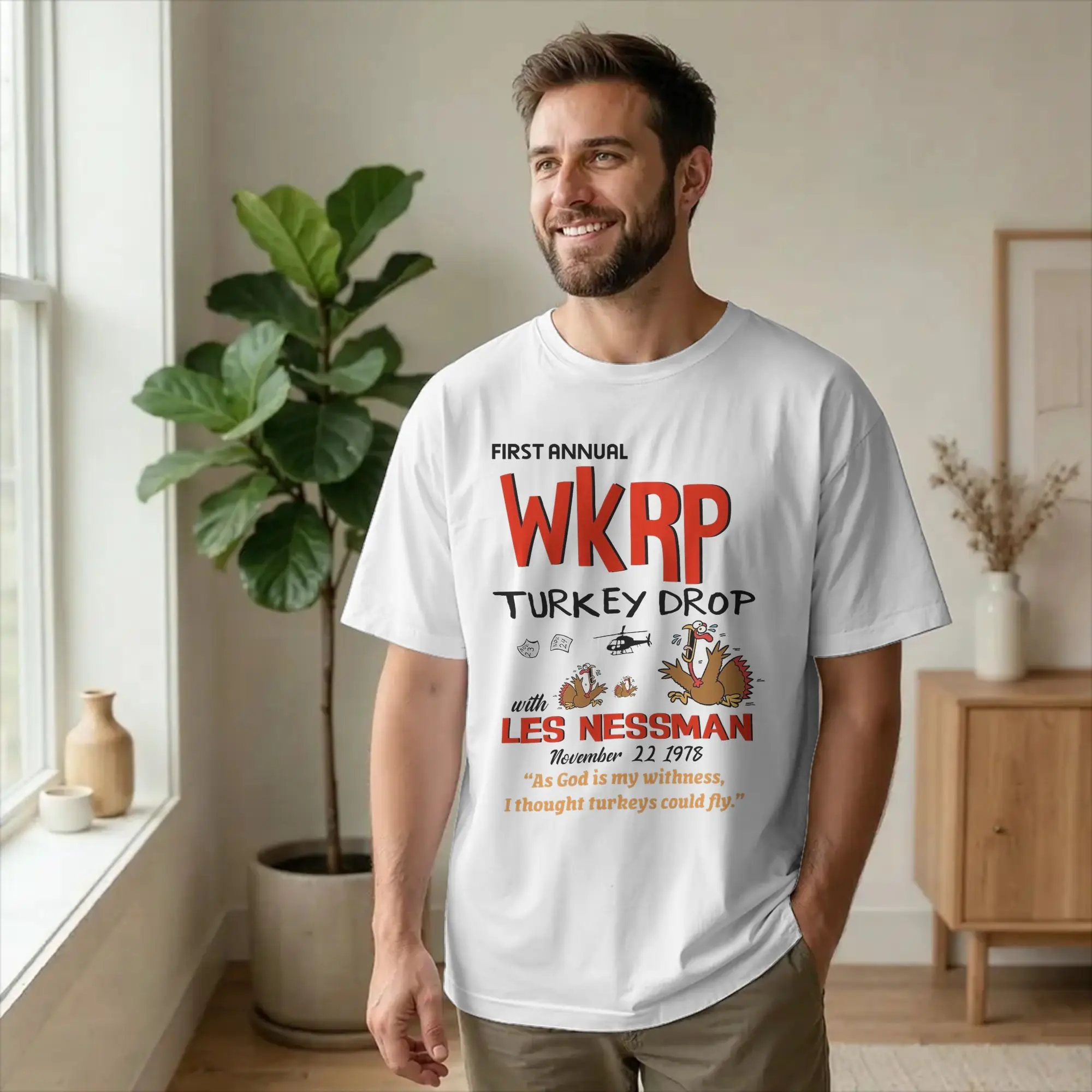 Creative WKRP First Annual Turkey Drop T-Shirts Men Crew Neck Cotton T Shirts Thanksgiving Short Sleeve Tee New Arrival Tops