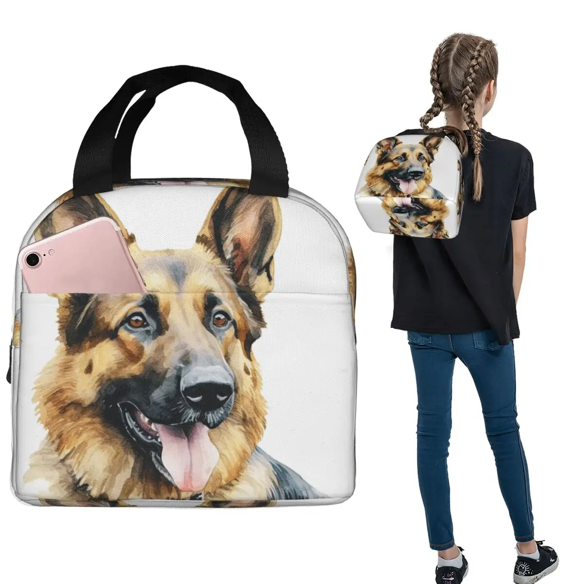 Watercolor German Shepherd Insulated Lunch Bag for Women Children Portable Food Boxes Thermal Lunch Box Tote