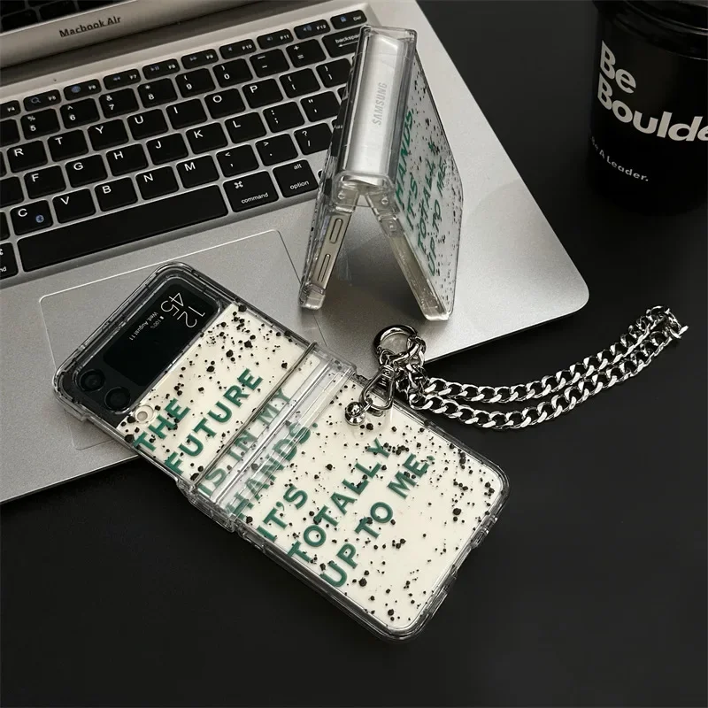 Ins Style Speckled Green English Phone Case for Samsung Galaxy ZFlip6 4 3 Hard Cover for ZFlip5 Zflip4 Solid Shell Bracket