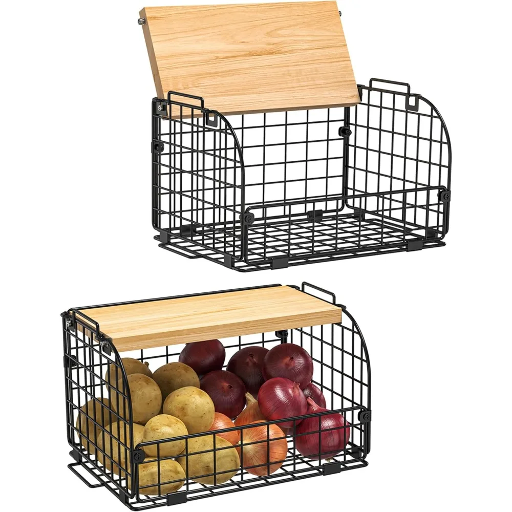

2 Set Stackable Wire Basket with Openable Top, Kitchen Counter, Pantry Organizer and Storage Produce Onion Potato Fruits Vegs Br