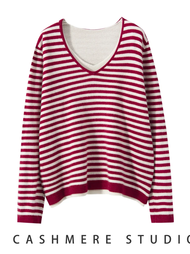 Jersey 100% de Cachemira con cuello en V para mujer, conjunto falso de dos piezas, suéter, ropa básica de otoño e invierno, prendas de punto de Cachemira, Tops cálidos