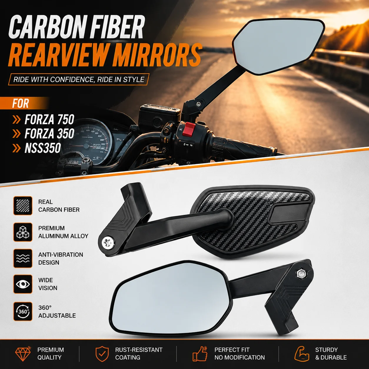 Carbon Fiber new Universal Motorcycle Adjustabale Side Rearview Mirrors Universal Rearview Fit For H/onda Forza 750 350 NSS350