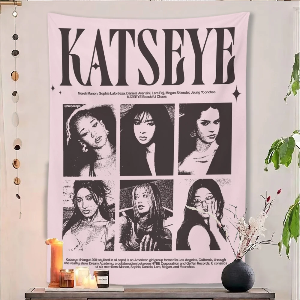 Katseye Pop Girl Group Wall Tapestry Vintage Black White Portrait Poster Polyester Wall Hanging Backdrop For Music Fans Teen Gir