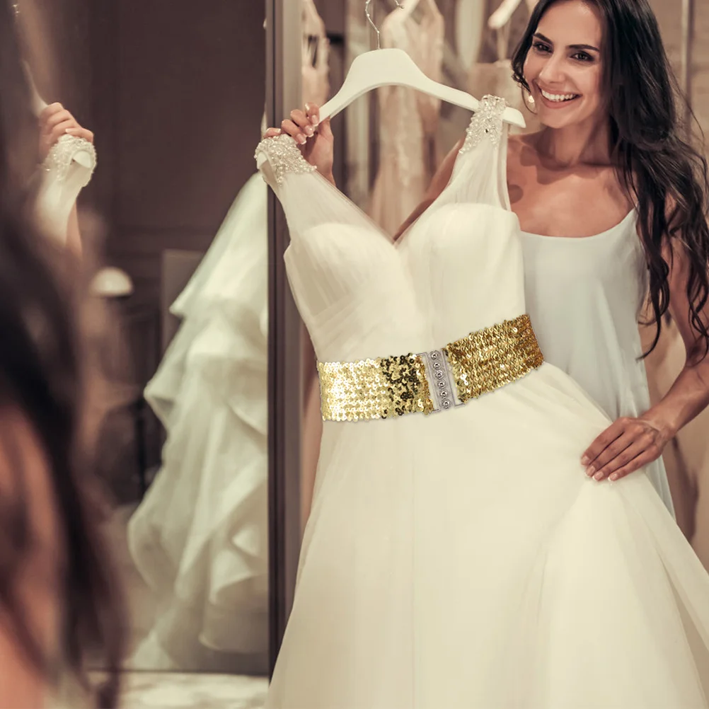 

2Pcs Women Wide Sequin Belt Sparkling Glittery Elastic Formal Dress Party Accessories Glitter Stretch Waist Belt