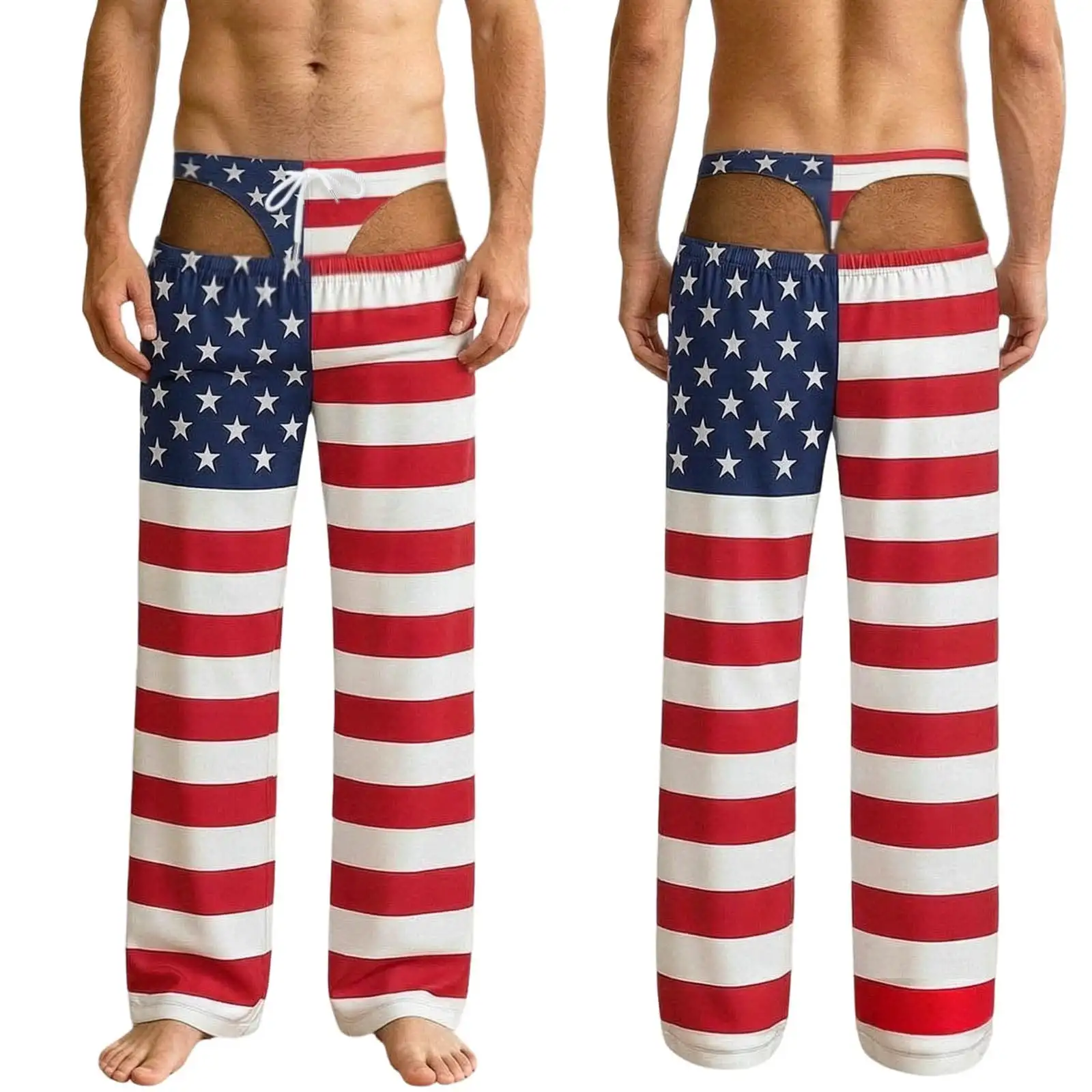 Mens Funny USA Flag Wide Leg Pants Fake Thong Cutout Design Novelty Bachelor Party Costume Casual Lounge Sleep Trousers