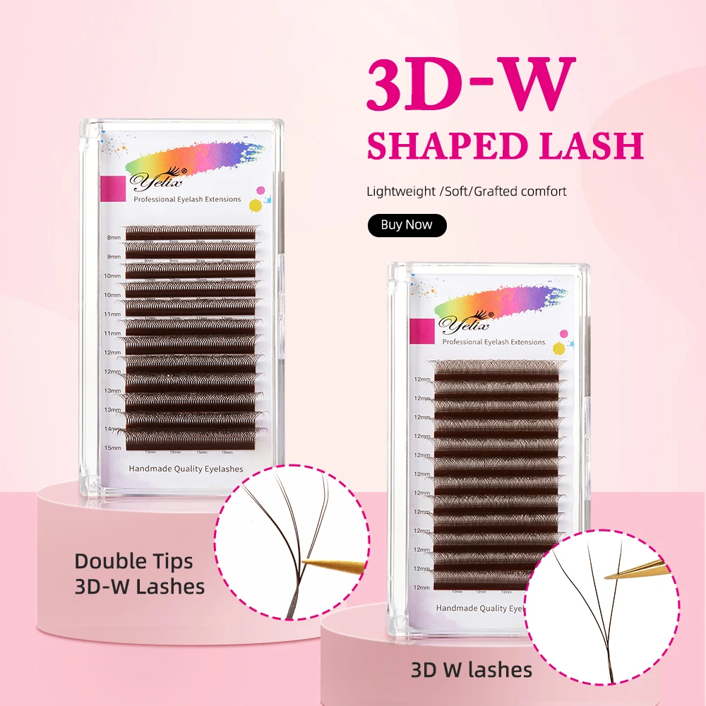 Yelix 3D W Shaped Double Tips Black Brown Eyelash Extensions Natural Soft Fluffy Handmade False Lashes Volume Curl Easy Grafting