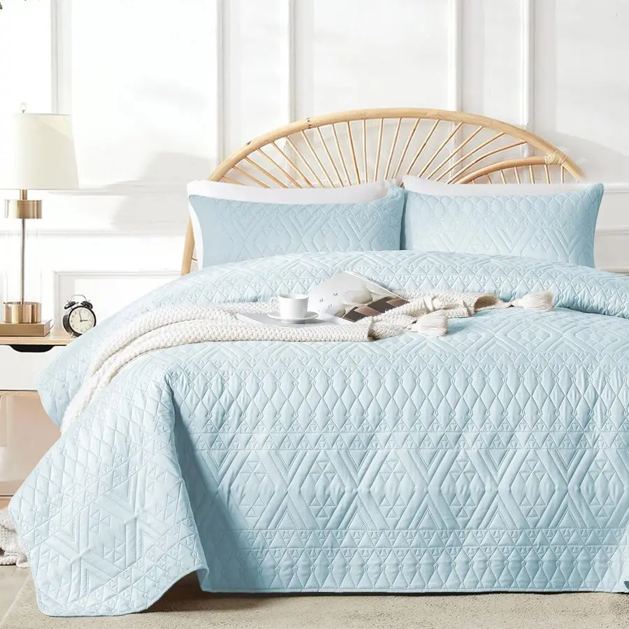 

King Cal King Size Quilt Bedding Set,Sky Blue Lightweight Microfiber Soft Bedspread,Modern Style Geometric Pattern Coverlet Set