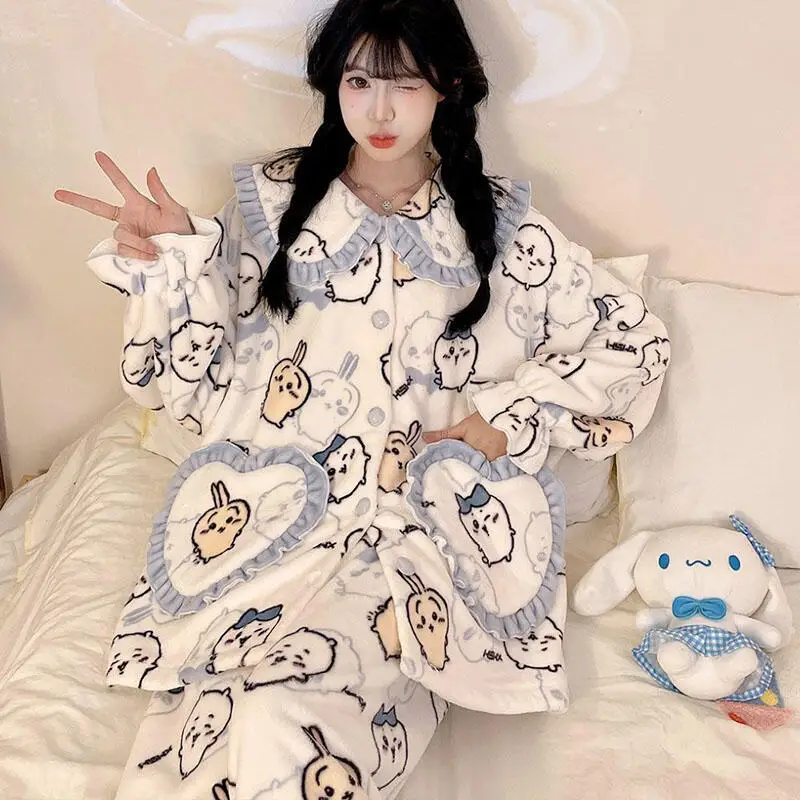 

Милые пижамы с героями мультфильмов Усаги, женская зимняя домашняя одежда из кораллового флиса, утепленный кукольный воротник с длинными рукавами, теплая одежда принцессы для отдыха