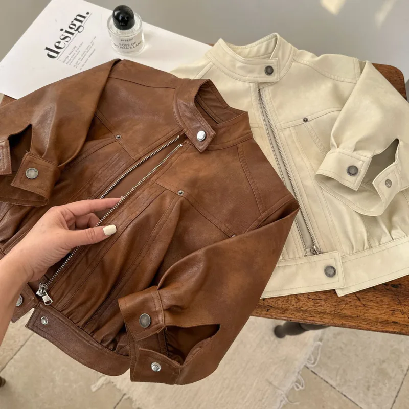 Boy Girl Children Jacket 26 Autumn Winter Unisex Kids Versatile Solid Color Leather Coat Baby Toddler 3-12 Years Outfit Top