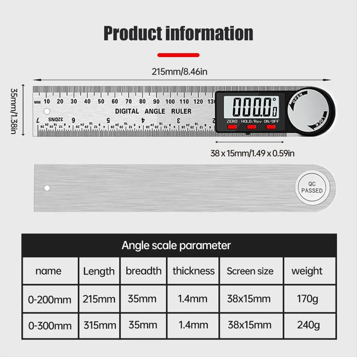 A40T Digital Display Angle Ruler,2-In-1 Ruler & Digital Angle Finder Protractor, (Stainless Steel-300MM)