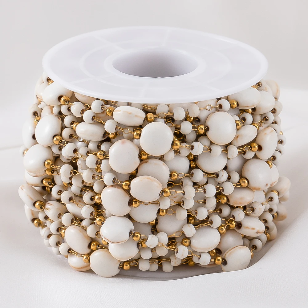 0.5Meter 1M Boho Stainless Steels Beach White Flat Round Natural Stone Chain Bracelet Neckalce Supply Jewelry Making Accessories