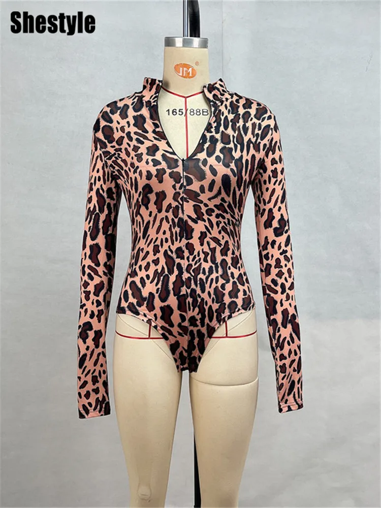 Shestyle Leopard Zip Up Long Sleeve Bodysuit Women Stand Collar Without Leg Tight Thong Button Brown Animal Dot T-Shirt Autumn