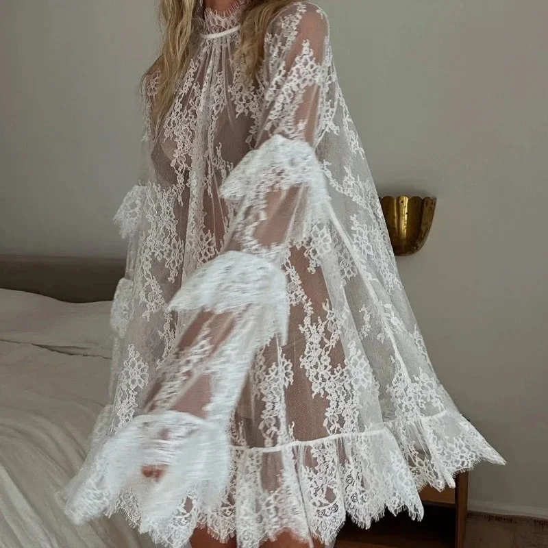 

Sexy See Through Cover Ups for Swimwear Women Lace Embroidery Stand Collar Long Sleeve Bikini Cover Up 2025 Vacation Beach Dress