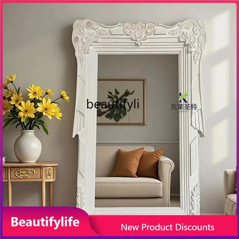 

A17 French Carved Wedding Dress Shop Fitting Mirror American Style White Wall-Mounted Full-Length Mirror European Style
