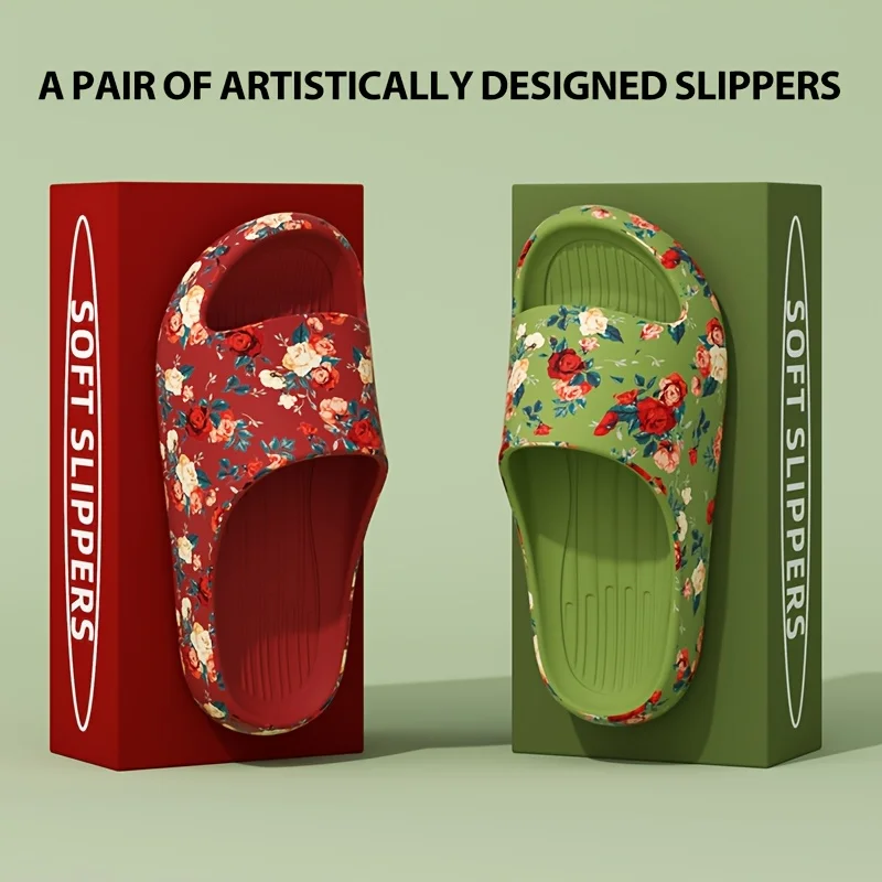 Women Men Floral Slide Sandals Plus Size Soft Slippers Thick Sole Non Slip Beach Shoes Casual Summer Indoor Outdoor Footwear