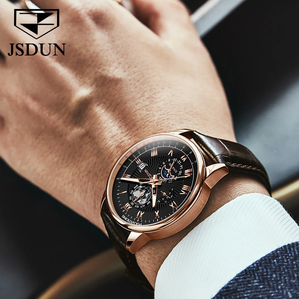 JSDUN Original Waterproof Leather Men Automatic Mechanical Watch Casual Business Wrist Watch Men Fashion Trend Watches for Men