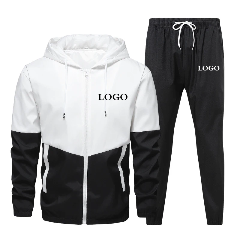 Custom Your Logo Men\'s Tracksuit 2 Pieces Sports Set Jogging and Hoodies Long Sleeve Coat Zip Up Patchwork Clothing