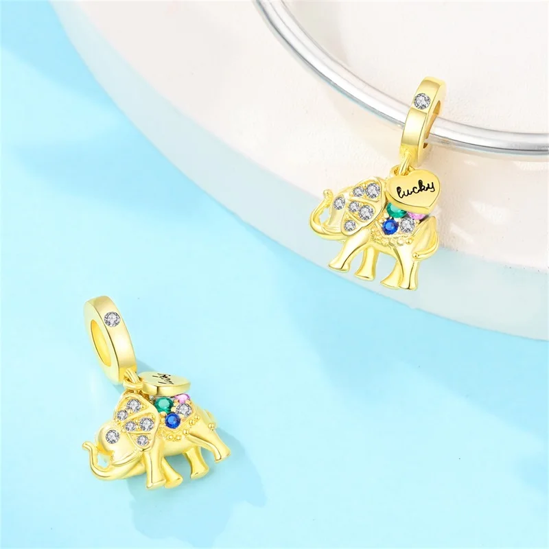 

925 Sterling Silver Colored Zirconium Gold Elephant Charms Pendant For Women Fit Original Bracelet DIY Birthday Jewelry Gifts
