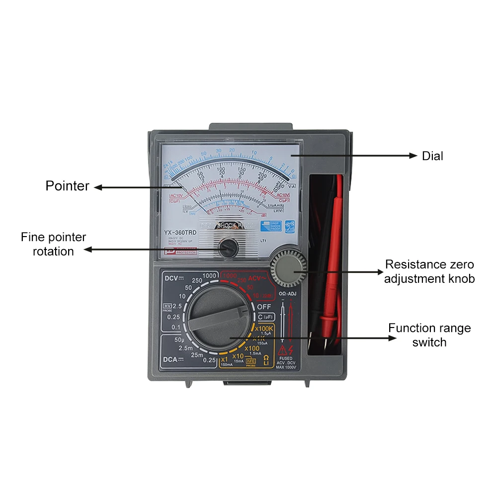 Imagem -02 - Analógico Multímetro com Sonda de Teste ac dc Tensão Atual Ponteiro Multi Meter Tester Diodo de Alta Precisão Ohm Tester Yx360trd