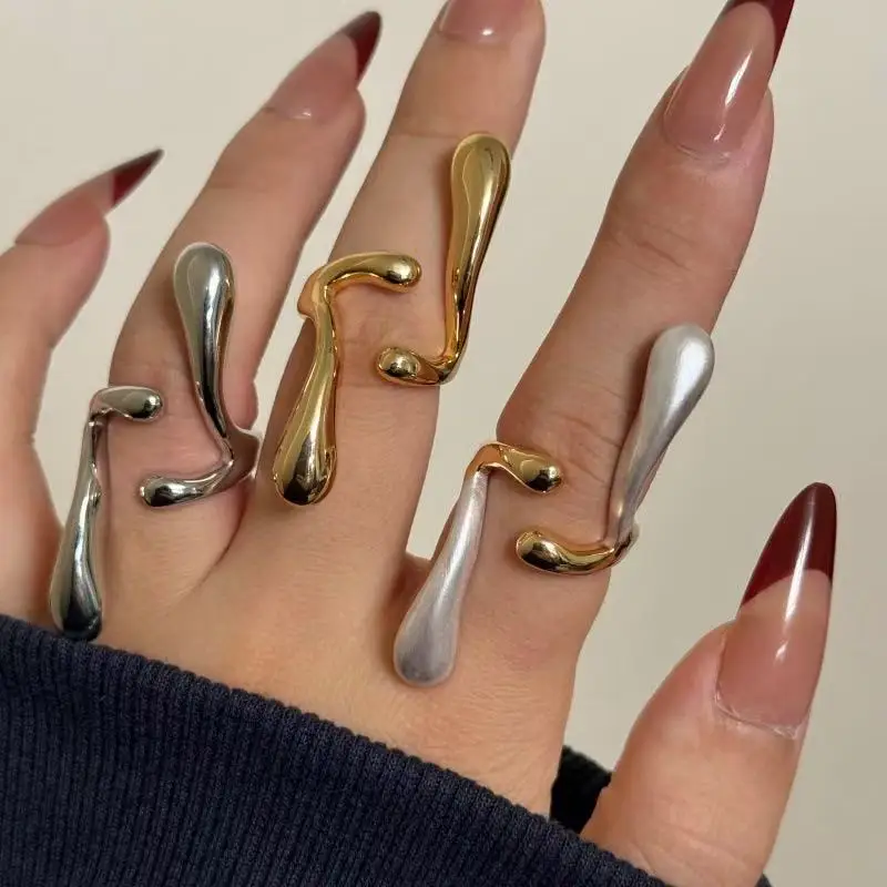 

Creative European And American Curved Irregular Waterdrop Open Metal Ring for Women Fashion Smooth Surface Daily Accessory