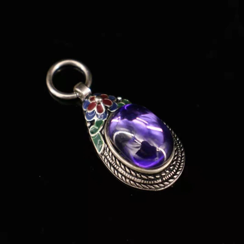 

Exquisite Chinese Tibetan Silver Cloisonne Fower Inlaid with Zircon Pendant