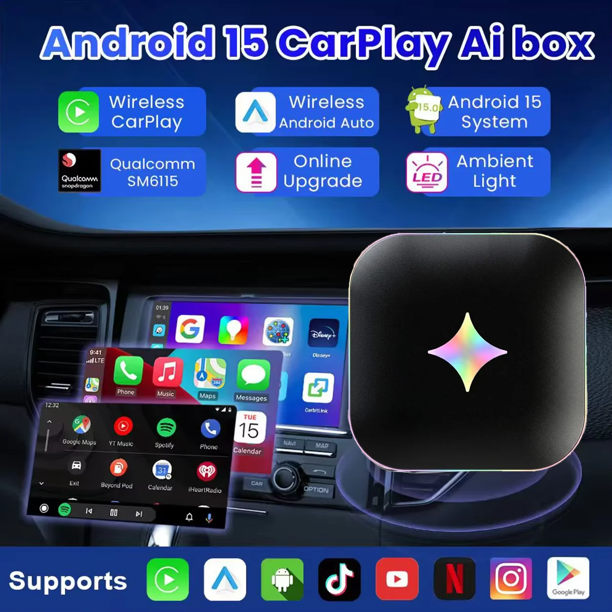Android 15 CarPlay AI Box Qualcomm SM6115 Built-in GPS Plug & Play Car Multimedia Player Support Netflix YouTube Streaming Apps