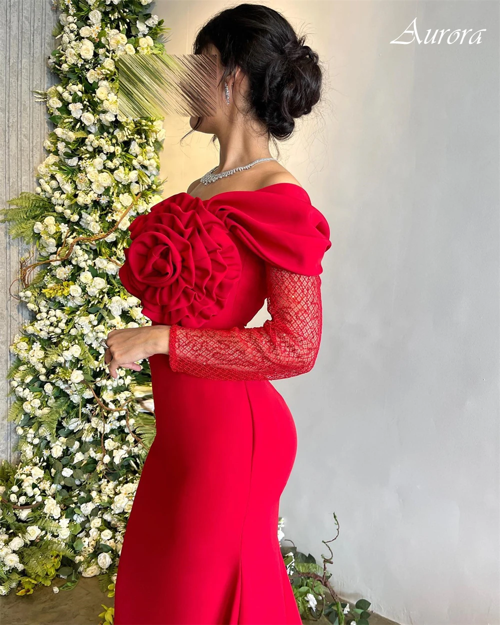 Personalizado exquisito rojo flores hechas a mano vestido para ocasiones especiales vestido de fiesta de manga larga fuera del hombro vestido de noche con cuello barco