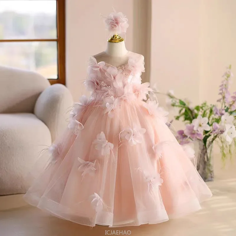 2026 Pink Princess Dress Girls Birthday Party Gown Children Formal Stage Show Outfit Hostess Pageant Banquet Performance Clothes