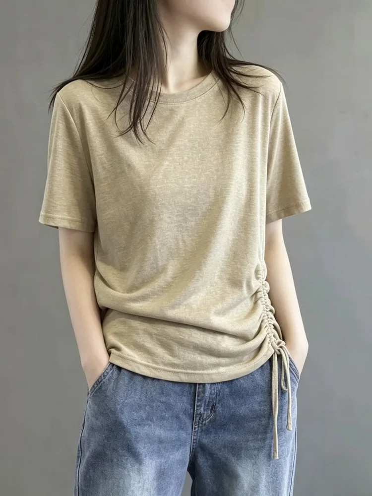 Green Side Drawstring Pleated T-Shirt Women Summer Thin Short Sleeve Back Hollow Loose Casual Slimming Top Korean Style Commute