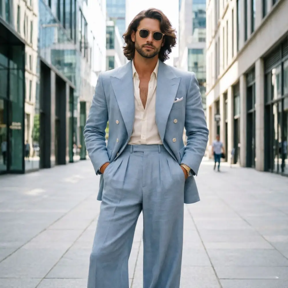 

Light Blue Linen 2 Piece Double Breasted Wedding Suit Relaxed Tailoring Slim Fit Gold Buttons Blazer Pants Formal Attire 2026