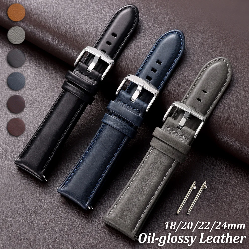 

Oil-glossy Stitching Cowhide Watchband Soft Strap 18mm 20mm 22mm 24mm Belt Quick Release Bracelet Women Men Waterproof Wristband