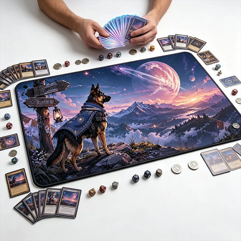 Fantasy German Shepherd TCG Playmat Starry Mountain Game Mat Stitched Edge Table Pad for YuGiOh Lorcana PTCG Trading Card Game