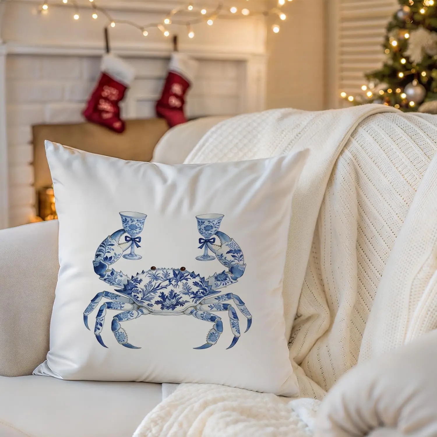 Decorative Blue White Crab Art Cushion Cover Pillow for Coastal Nautical Home Decor Porcelain Tea Party Chinoiserie Accent Pillo