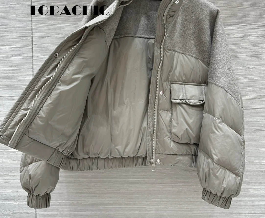 10.8 TOPACHIC-Women\'s Loose Double-Sided Wool Spliced Goose Down Long Sleeve Jacket Big Pocket Elastic Hem Short Outerwear