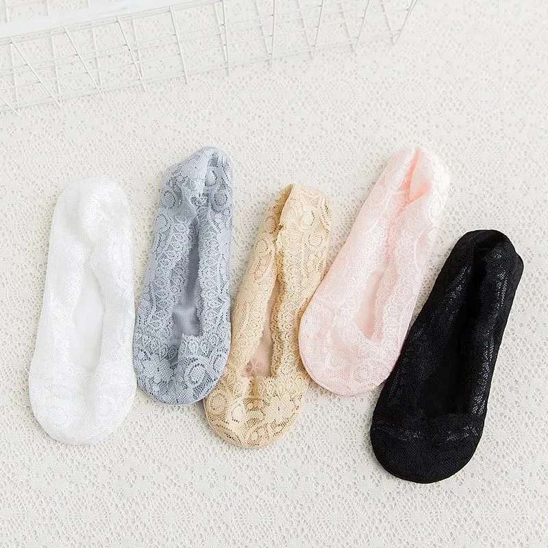 New Summer Ultra Thin Anti Slip Socks Women Solod Color Sexy Lace Invisible Boat Socks Slippers Comfortable Breathable Mesh Sock