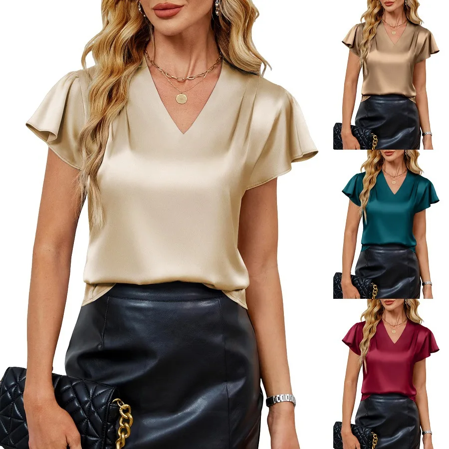 

2026 Fashion Summer Casual Shirts Office Lady Tops Mujer Elegant Simple Chiffon Blouse Women Short Sleeve V-Neck Woman Clothes