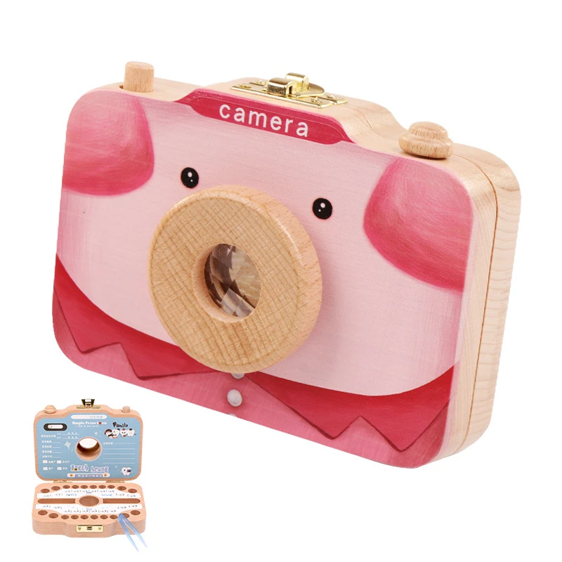 Cartoon Camera Wooden Baby Tooth Box Organizer Kids Milk Teeth Storage Collect Fetal Hair Save Case Souvenir Baby Accessorie