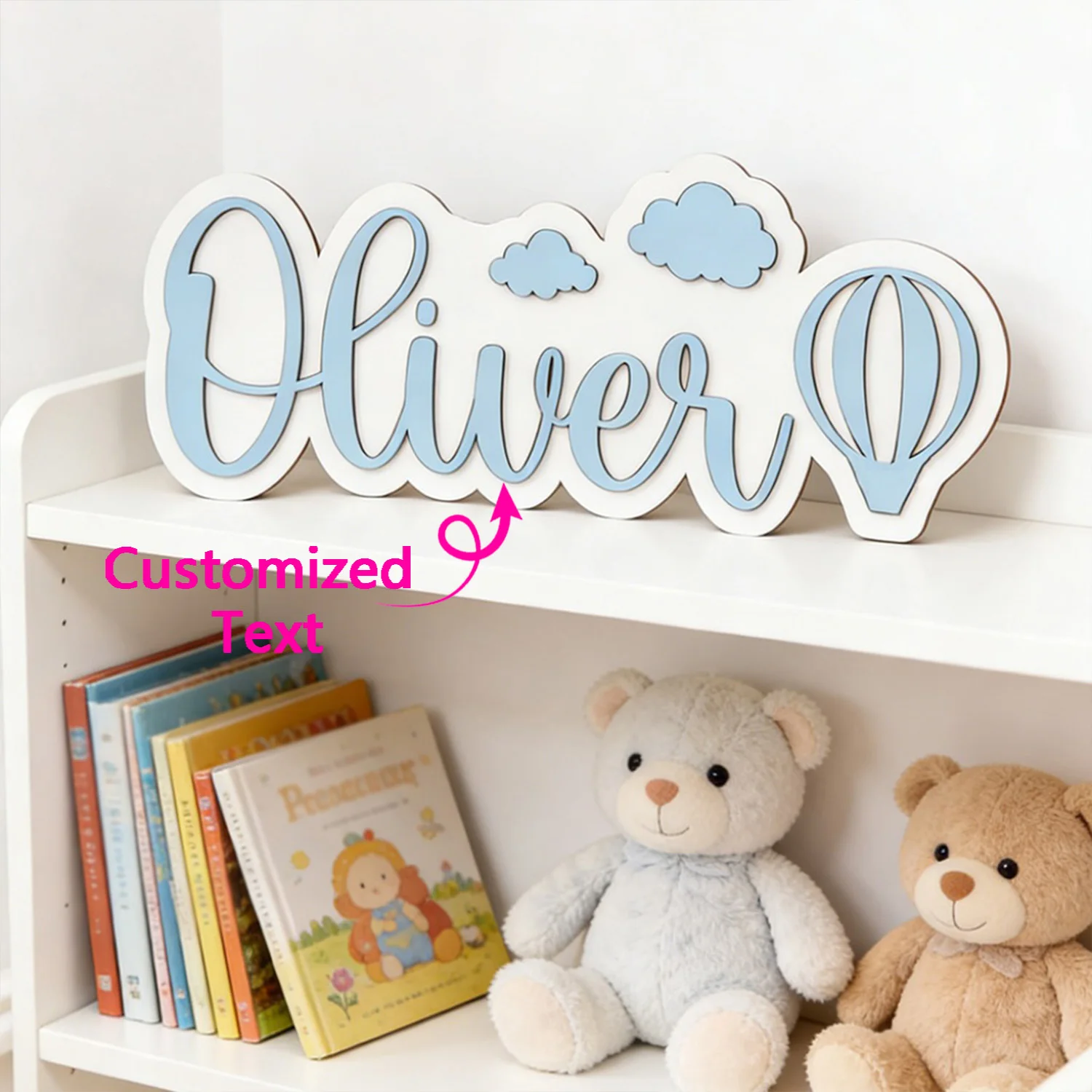 1pc Customized Double-layer Wooden Surname Brand,Cloud Shaped Hot Air Balloon Design, Wall Decoration,Children's Room Decoration image 3