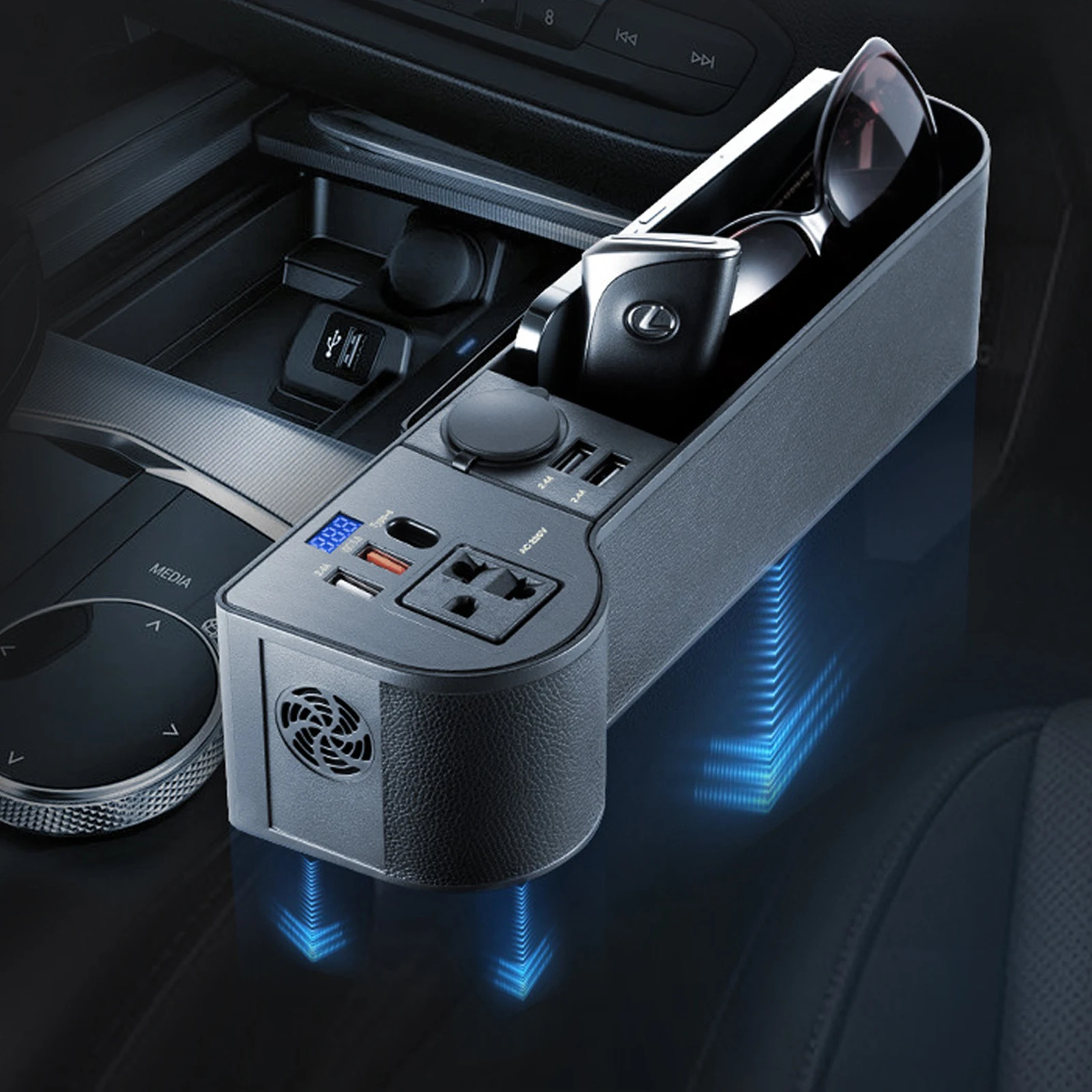 

12V/24V To 220V Car Seat Gap Organizer Multifunctional Seat Crevice Storage Box LED Voltage Display Universal Car Accessories