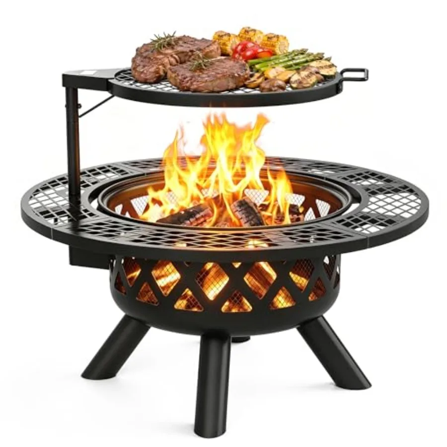 Outdoor wood burning fire pit, 32 inch, stainless steel, black, weather-resistant and portable
