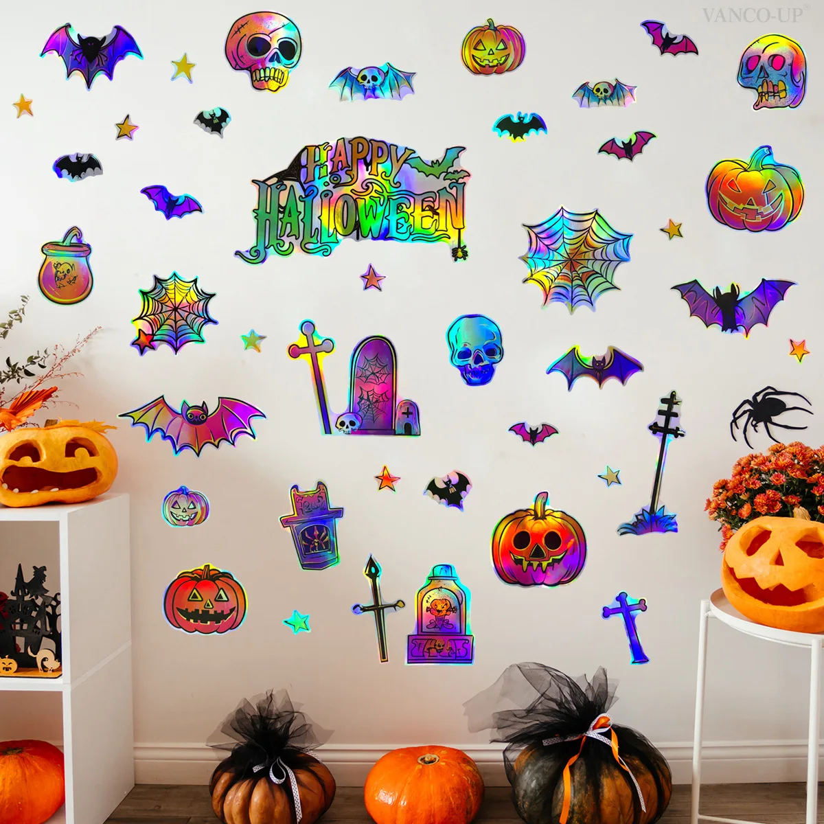 

Laser material gradual change colorful Halloween bat pumpkin wall sticker holiday home decoration wall sticker