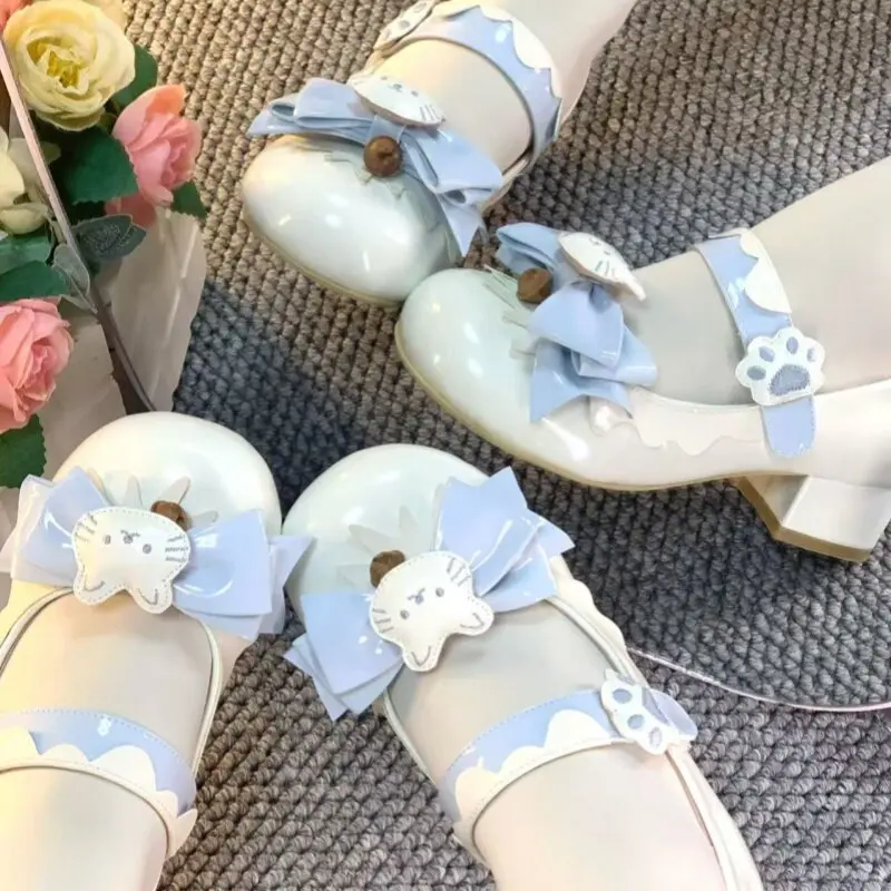 Japanese Sweet Cute Lolita Original Cartoon Cat Low Heel Small Leather Shoes Women Kawaii Lo Shoes Thick Heel Jk Uniform Shoe