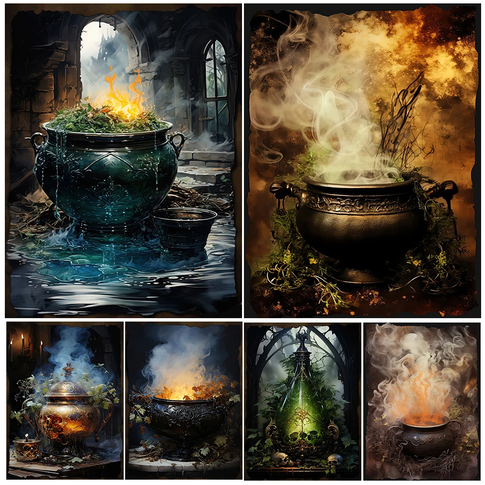 Dark Witch Cauldron And Magic Potion Gothic Wall Art,Canvas Painting,Magic Spell Fantasy Art Poster And Print Home Decoration