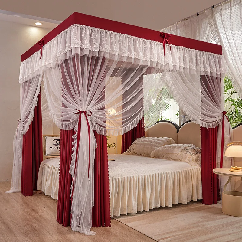 Red Household Mosquito Net Bed Curtain Princess Style Blackout Bed Curtain Encrypted and Thickened Palace Style Triple Door