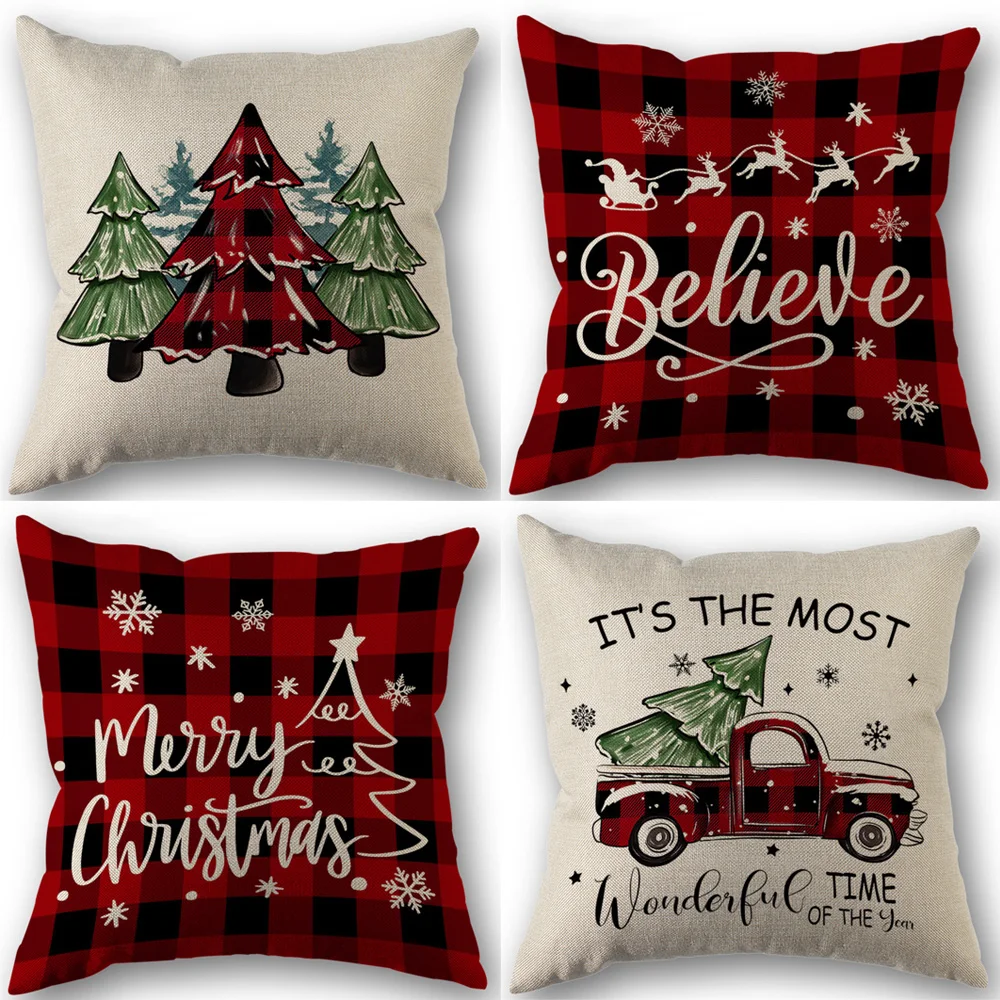 Merry Christmas Cushion Cover, Xmas Tree Cartoon Throw Pillowcase Home Decor Ornament Xmas New Year Christmas Accessories