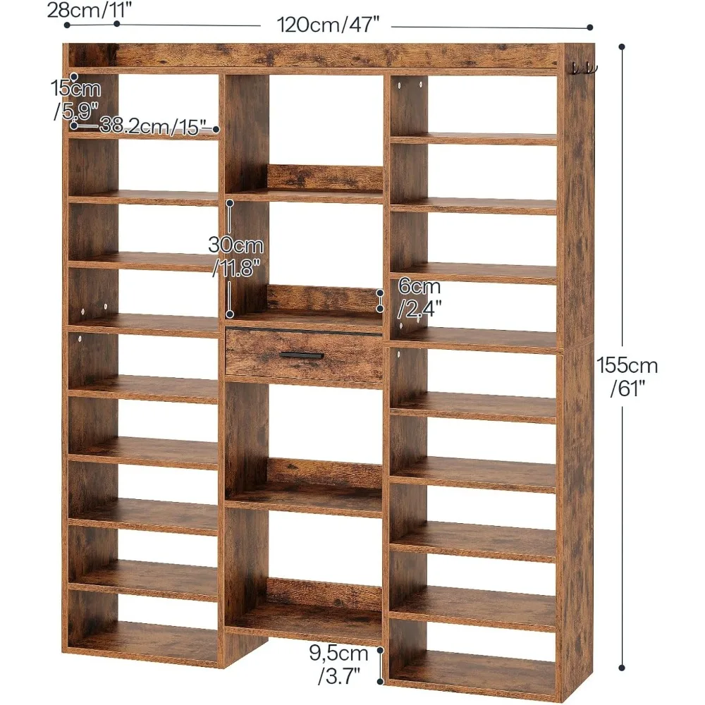 منظم رف أحذية خشبي كبير مع أدراج قماشية، تخزين طويل 47-61 لزوجين 25-33، رف أحذية موفر للمساحة #2