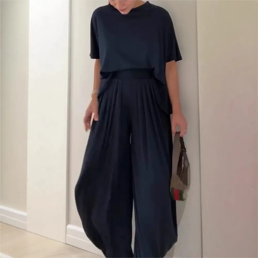 Loose Trousers Set Solid Color Fashionable Comfortable Commuting Round Neck Short-sleeved Top Wide-leg Trousers Two-piece Set - Image 2